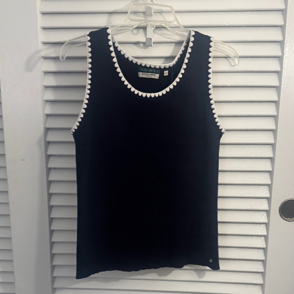 Scotch & Soda Navy Blue Ribbed Knit Tank with White Trim - Size Large